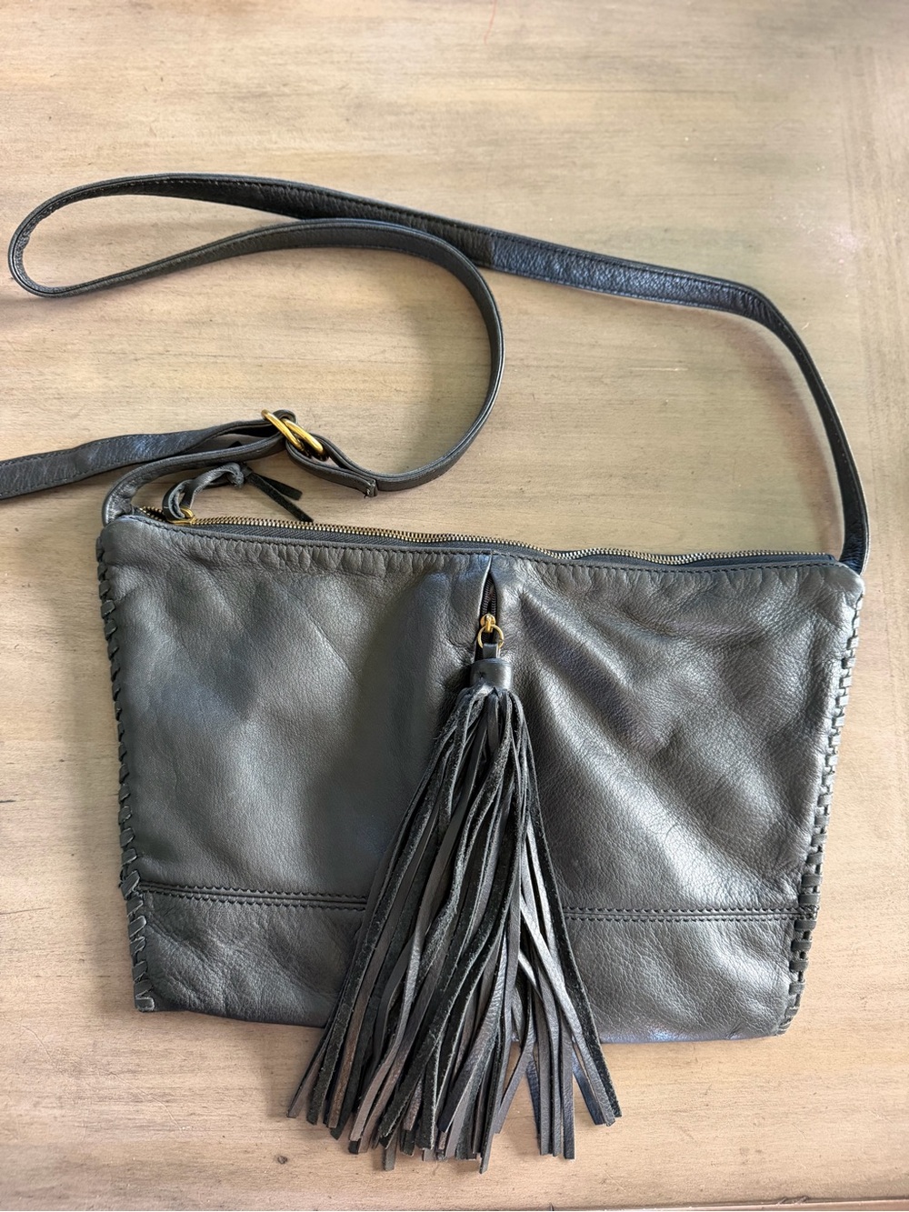 HOBO International Black Leather Crossbody Bag Large Tassel Whipstitch Boho